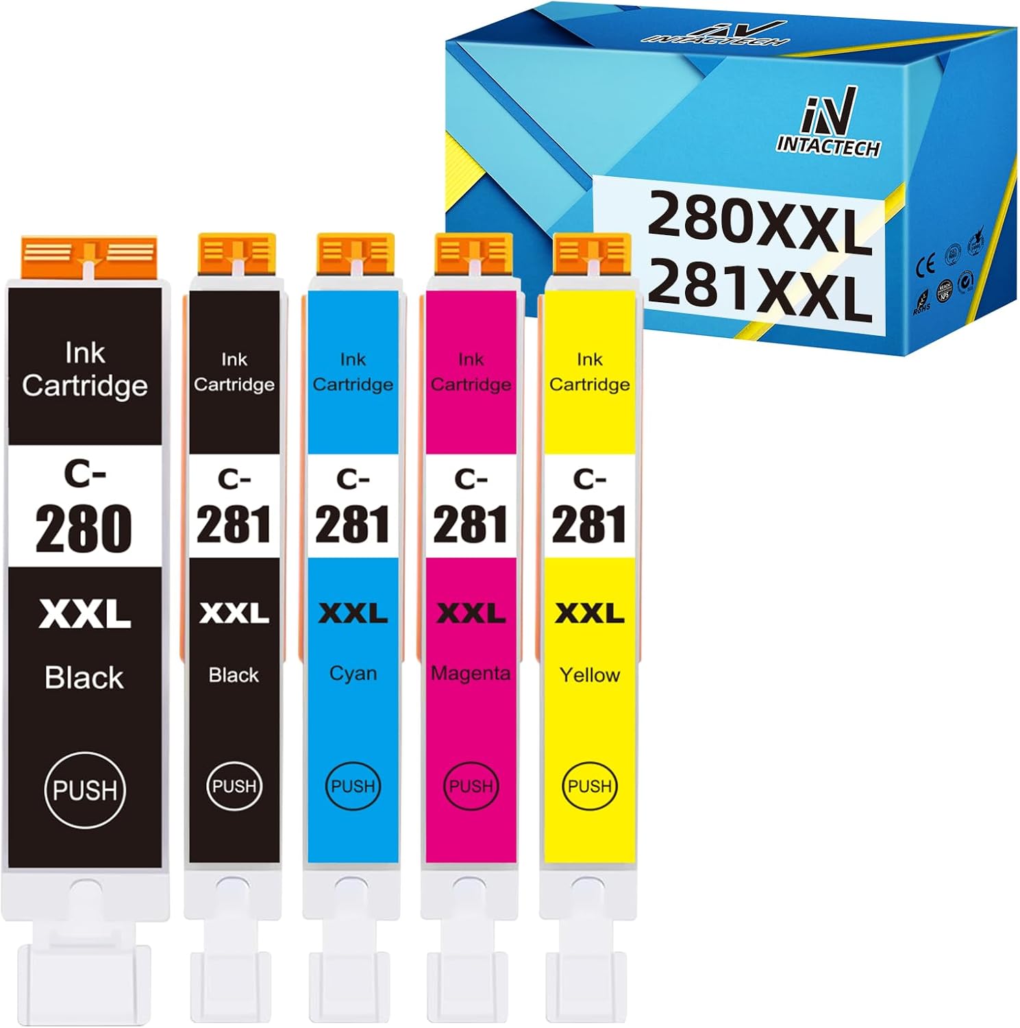 Intactech PGI-280 XXL CLI-281 XXL Compatible Ink Cartridges Replacement for Canon 280 281 Work with Pixma TS9120 TS6120 TS6220 TS8120 TR8520 TR7520 TS8220 TS9521C (5-Pack, PGBK/BK/C/M/Y)